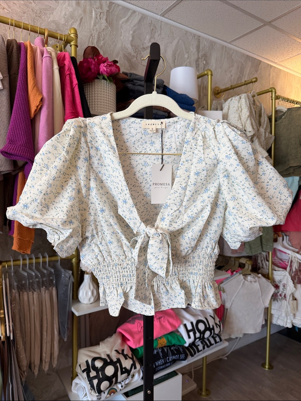 Promesa White and Light Blue Floral Tie-Front Puff Sleeve Top